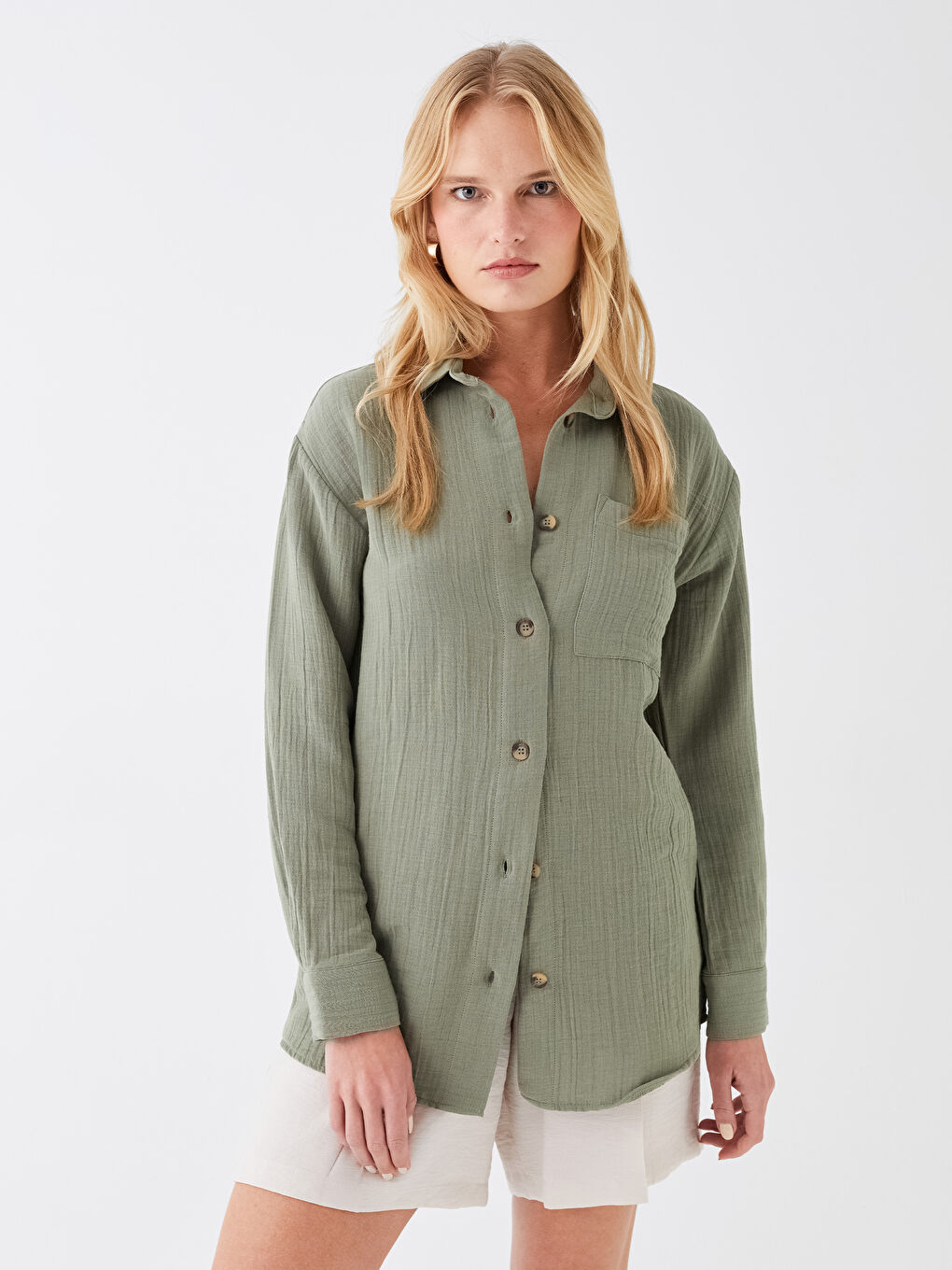 Plain Long Sleeve Oversize Muslin Women's Shirt Tunic-1