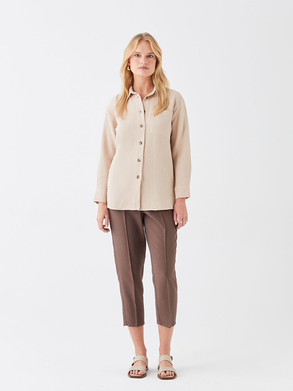 Bej Düz Uzun Kollu Oversize Müslin Kadın Gömlek Tunik-2