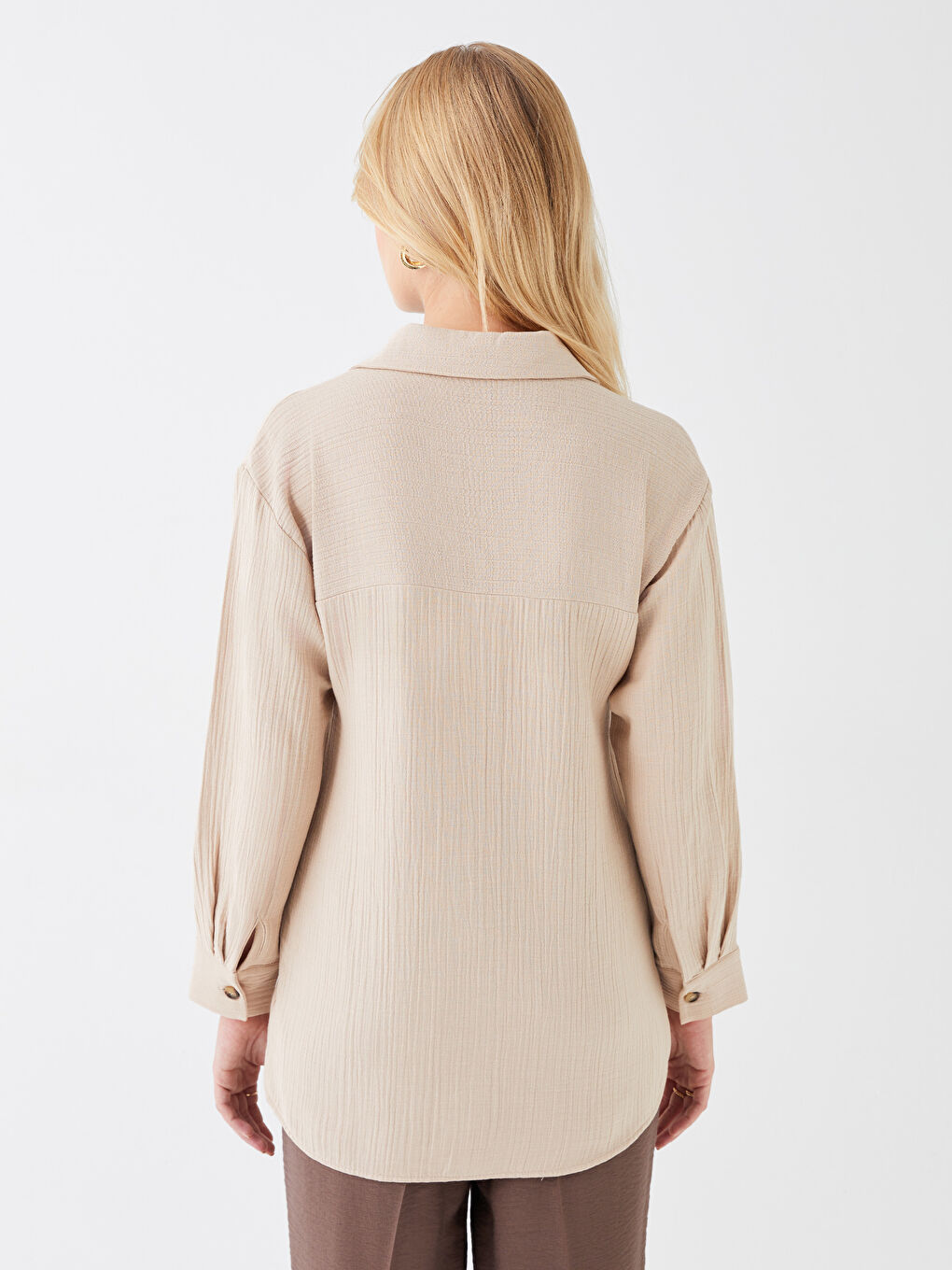 Bej Düz Uzun Kollu Oversize Müslin Kadın Gömlek Tunik-4