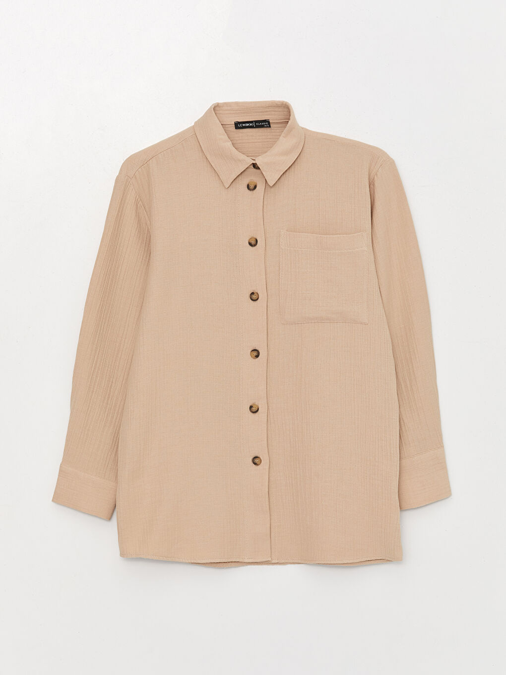 Bej Düz Uzun Kollu Oversize Müslin Kadın Gömlek Tunik-5