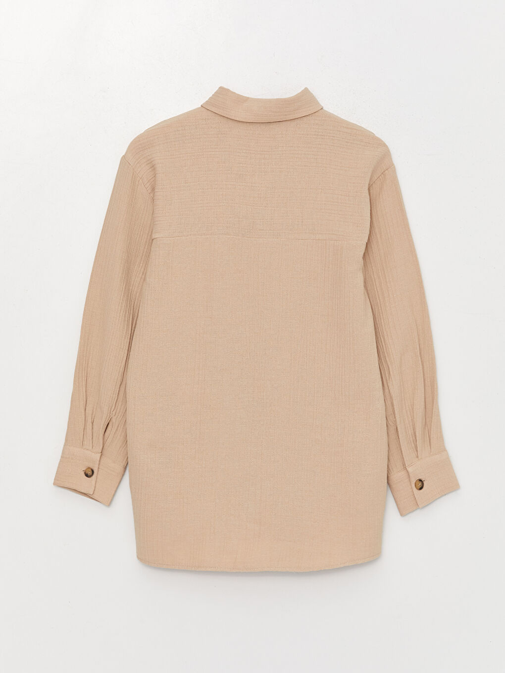 Bej Düz Uzun Kollu Oversize Müslin Kadın Gömlek Tunik-6