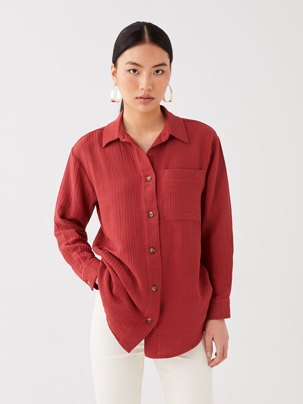 Plain Long Sleeve Oversize Muslin Women's Shirt Tunic