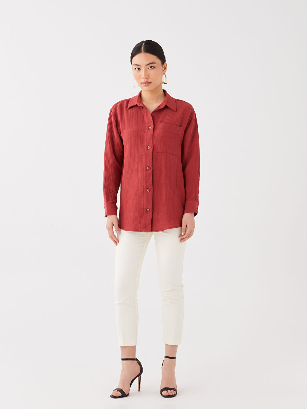 Plain Long Sleeve Oversize Muslin Women's Shirt Tunic-1