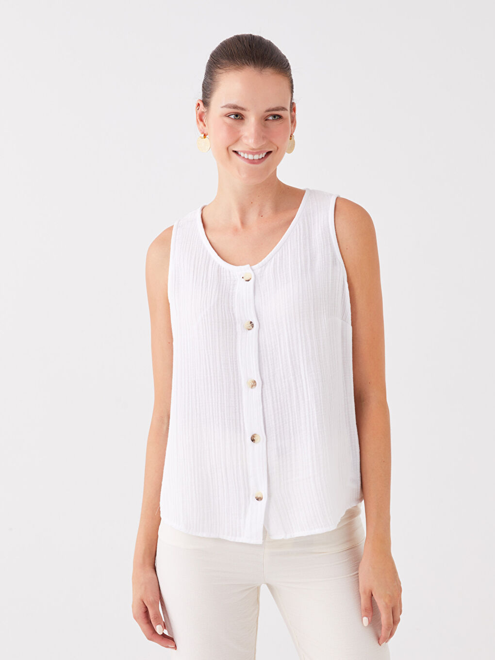 Bluză Femei Dreaptă cu Guler în formă de U din Muselină