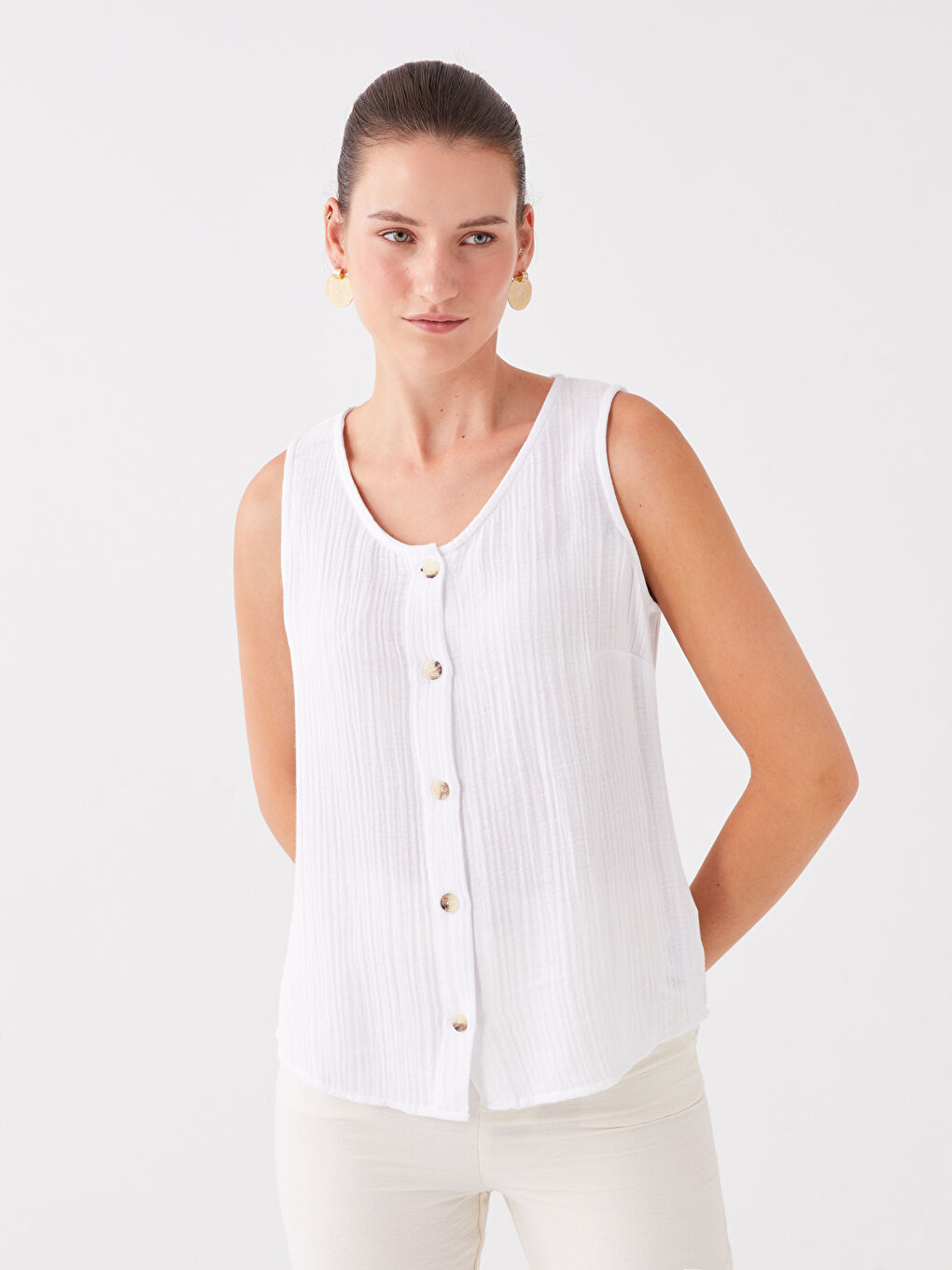 Bluză Femei Dreaptă cu Guler în formă de U din Muselină-1