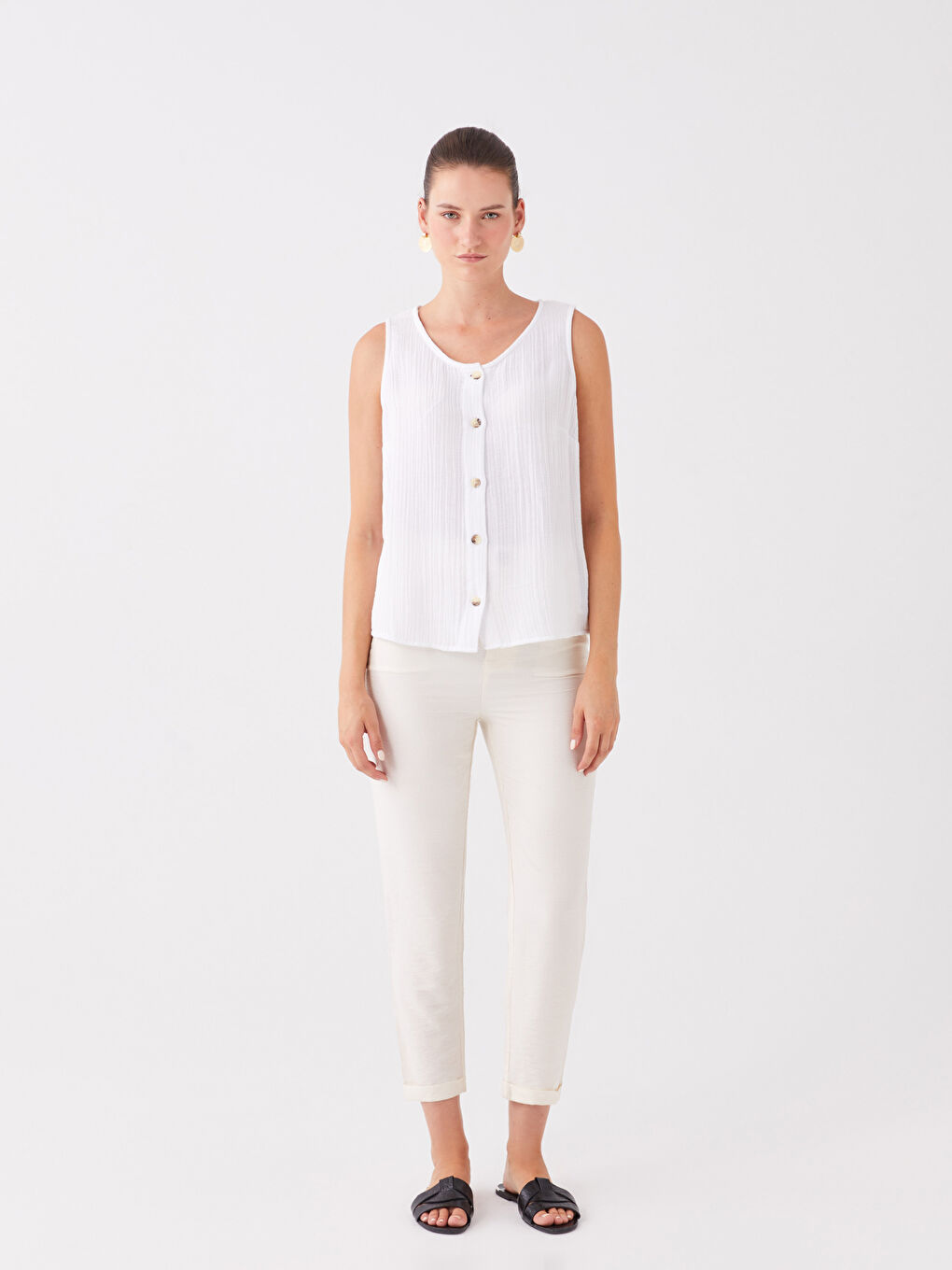 Bluză Femei Dreaptă cu Guler în formă de U din Muselină-2