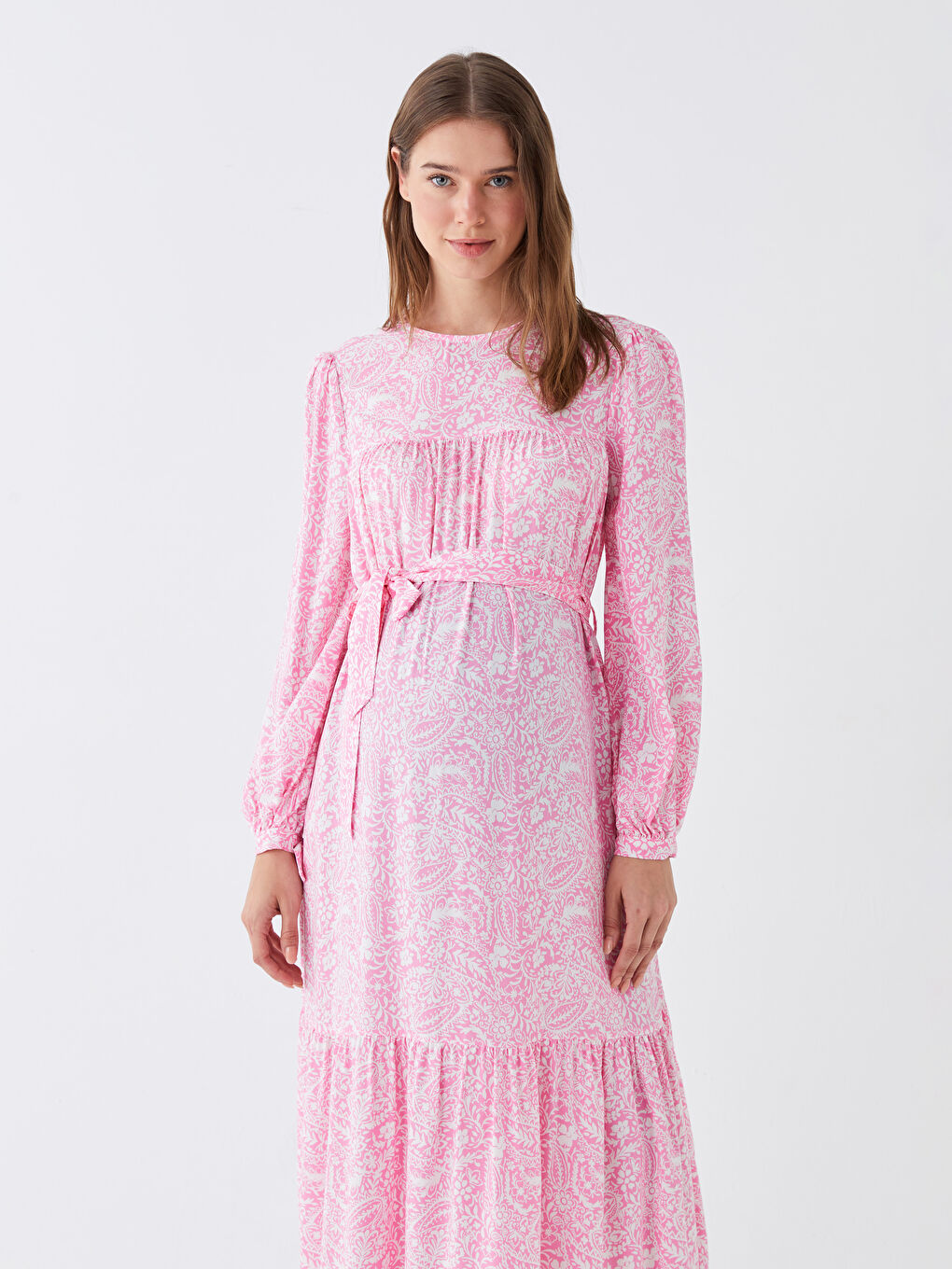 Mercan Bisiklet Yaka Desenli Uzun Kollu Hamile Elbise-1