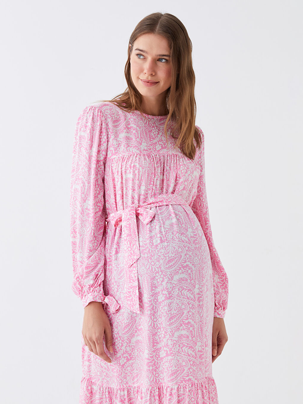 Mercan Bisiklet Yaka Desenli Uzun Kollu Hamile Elbise-2