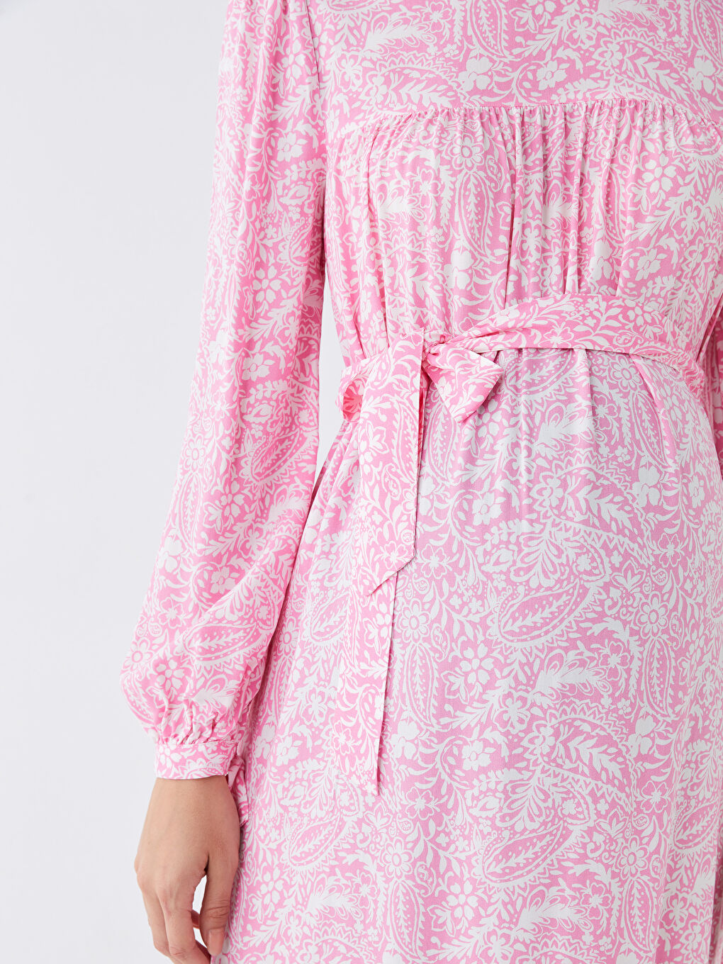 Mercan Bisiklet Yaka Desenli Uzun Kollu Hamile Elbise-3