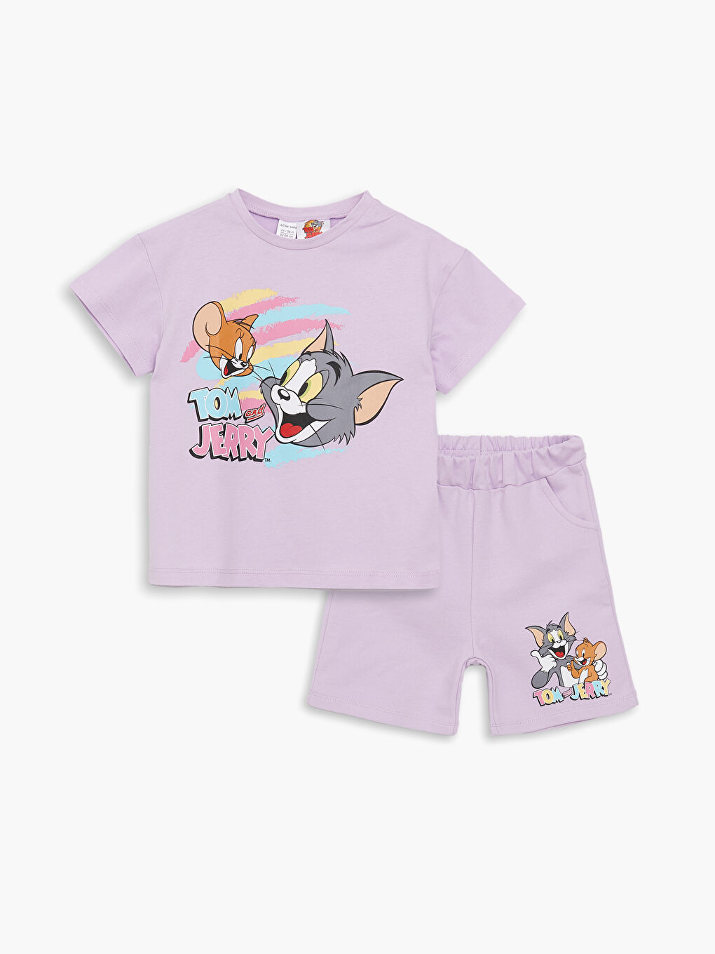 Lila Bisiklet Yaka Kısa Kollu Tom ve Jerry Baskılı Kız Bebek Tişört ve Şort 2'li Takım-3