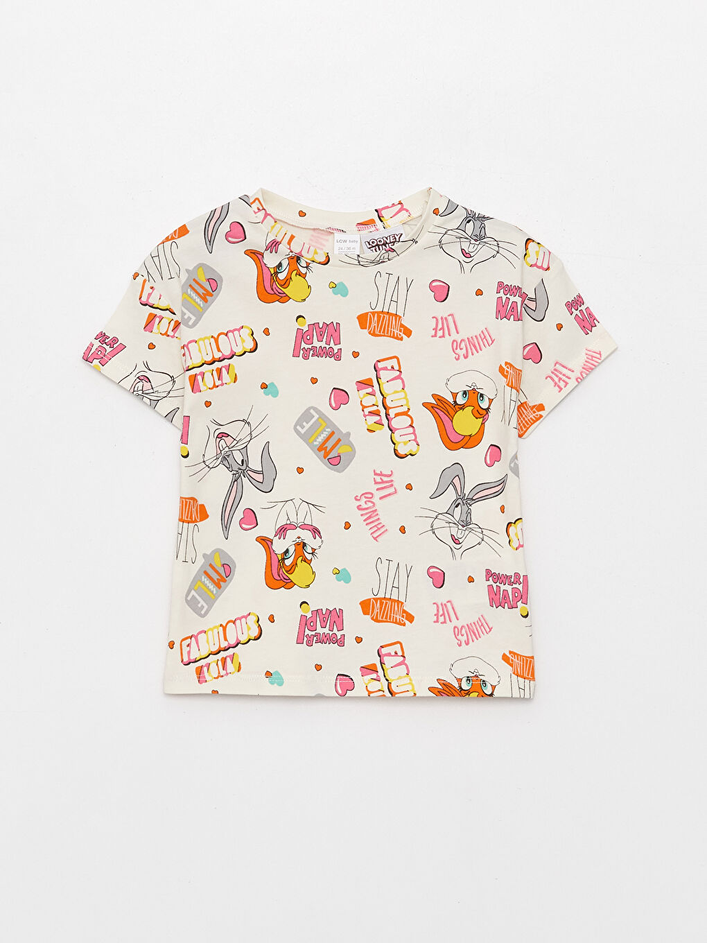 Ekru Bisiklet Yaka Kısa Kollu Looney Tunes Baskılı Kız Bebek Tişört-2