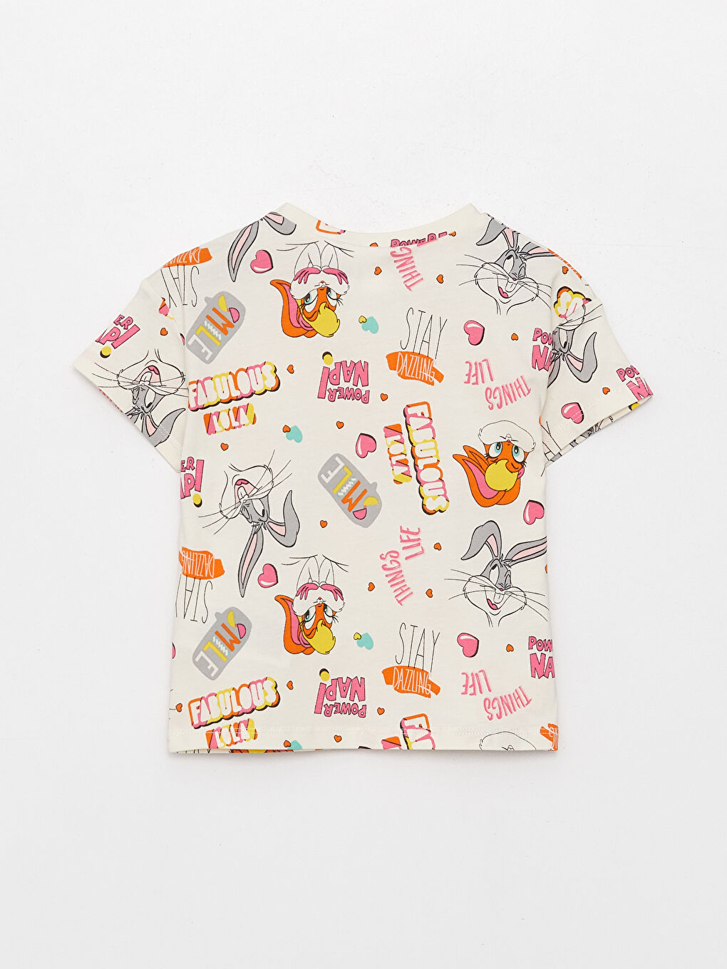 Ekru Bisiklet Yaka Kısa Kollu Looney Tunes Baskılı Kız Bebek Tişört-3