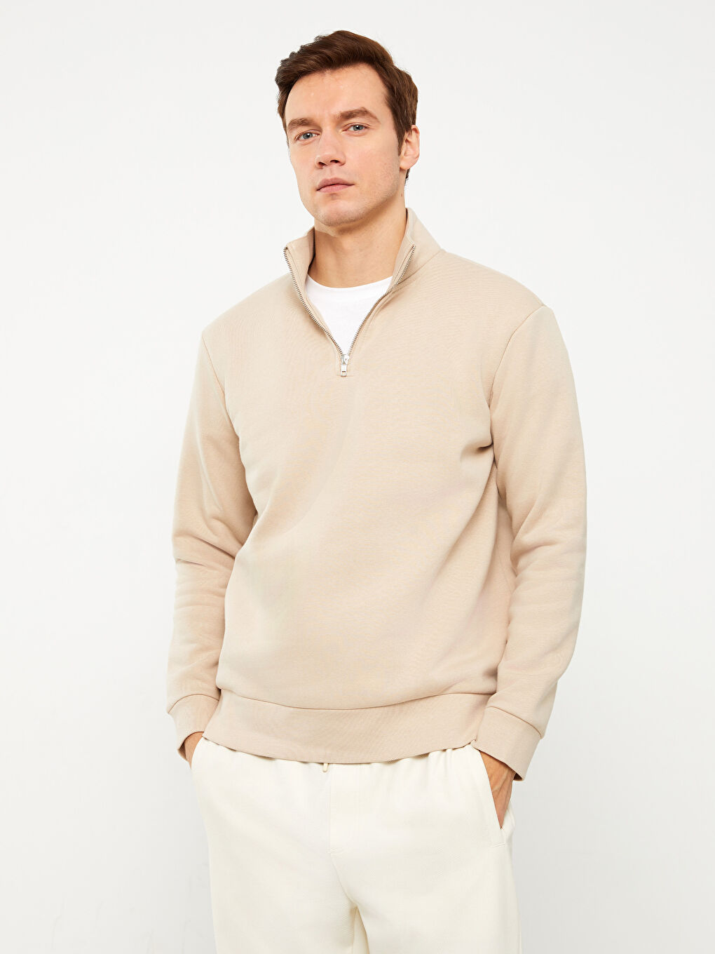 Bej Dik Yaka Erkek Sweatshirt