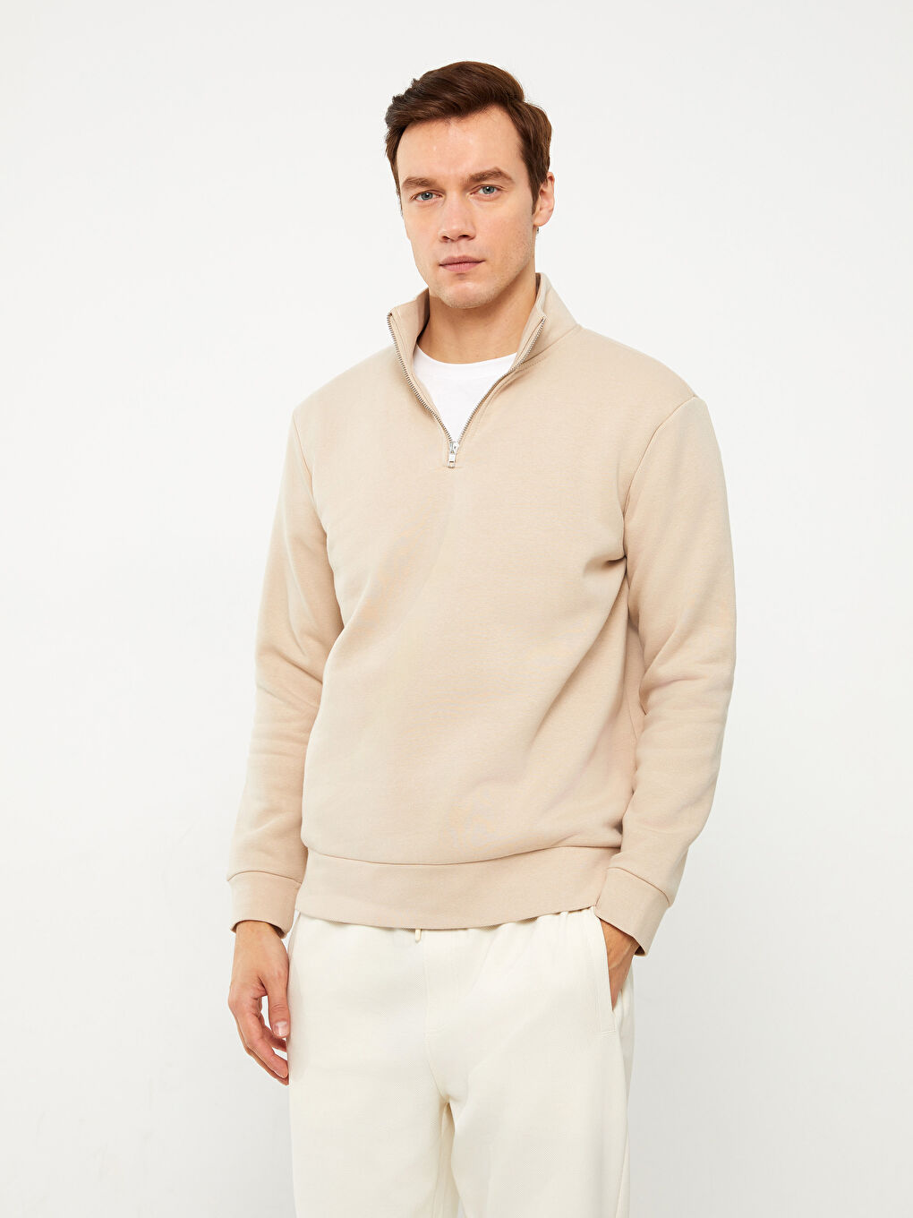 Bej Dik Yaka Erkek Sweatshirt-1