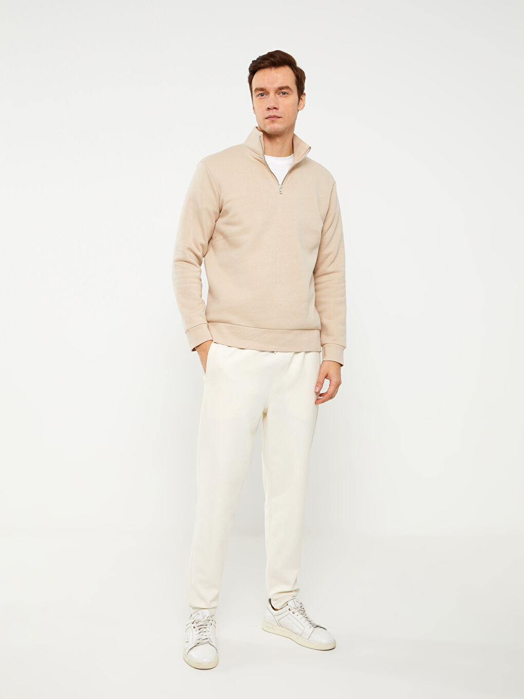 Bej Dik Yaka Erkek Sweatshirt-2