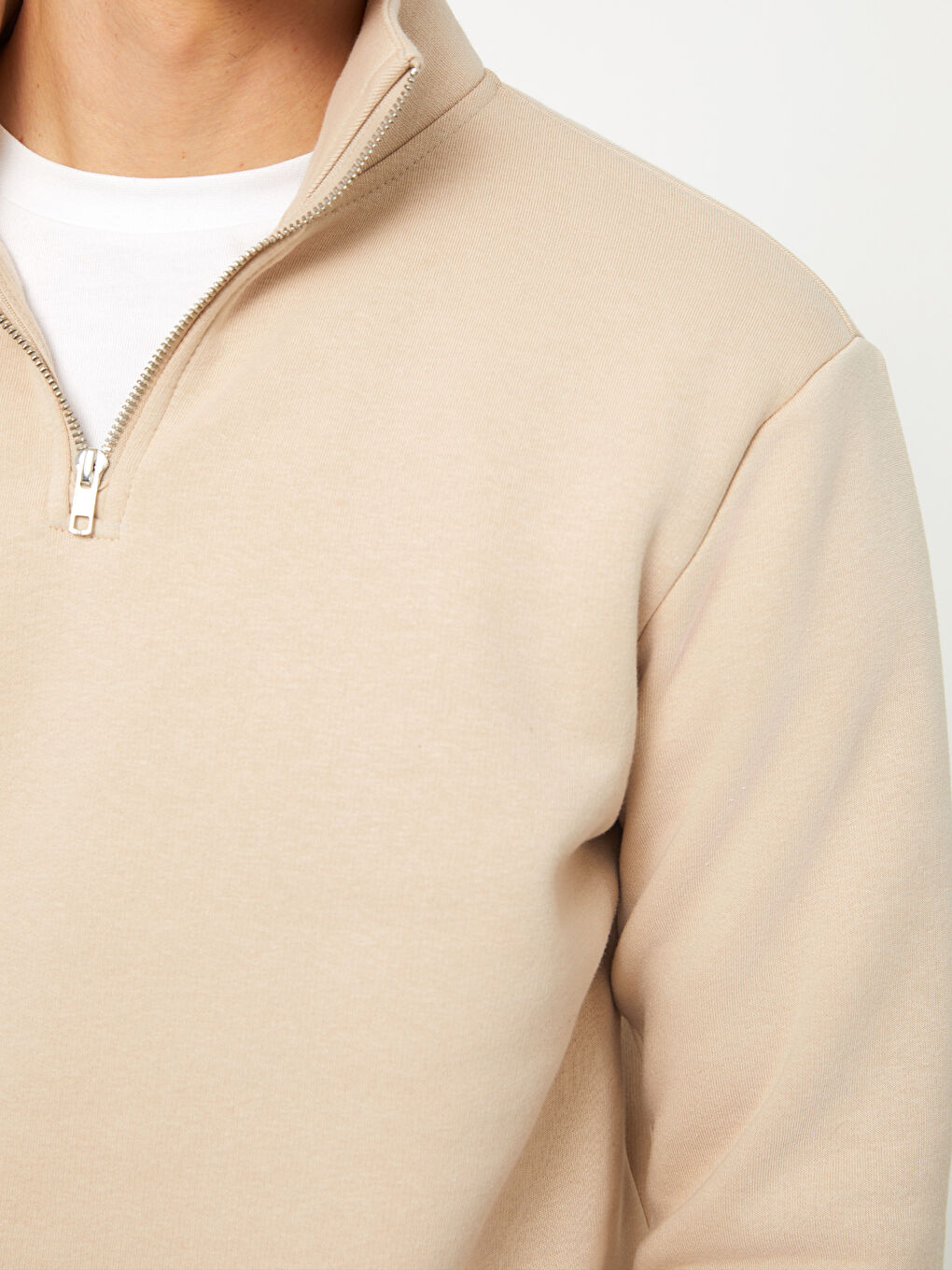 Bej Dik Yaka Erkek Sweatshirt-3