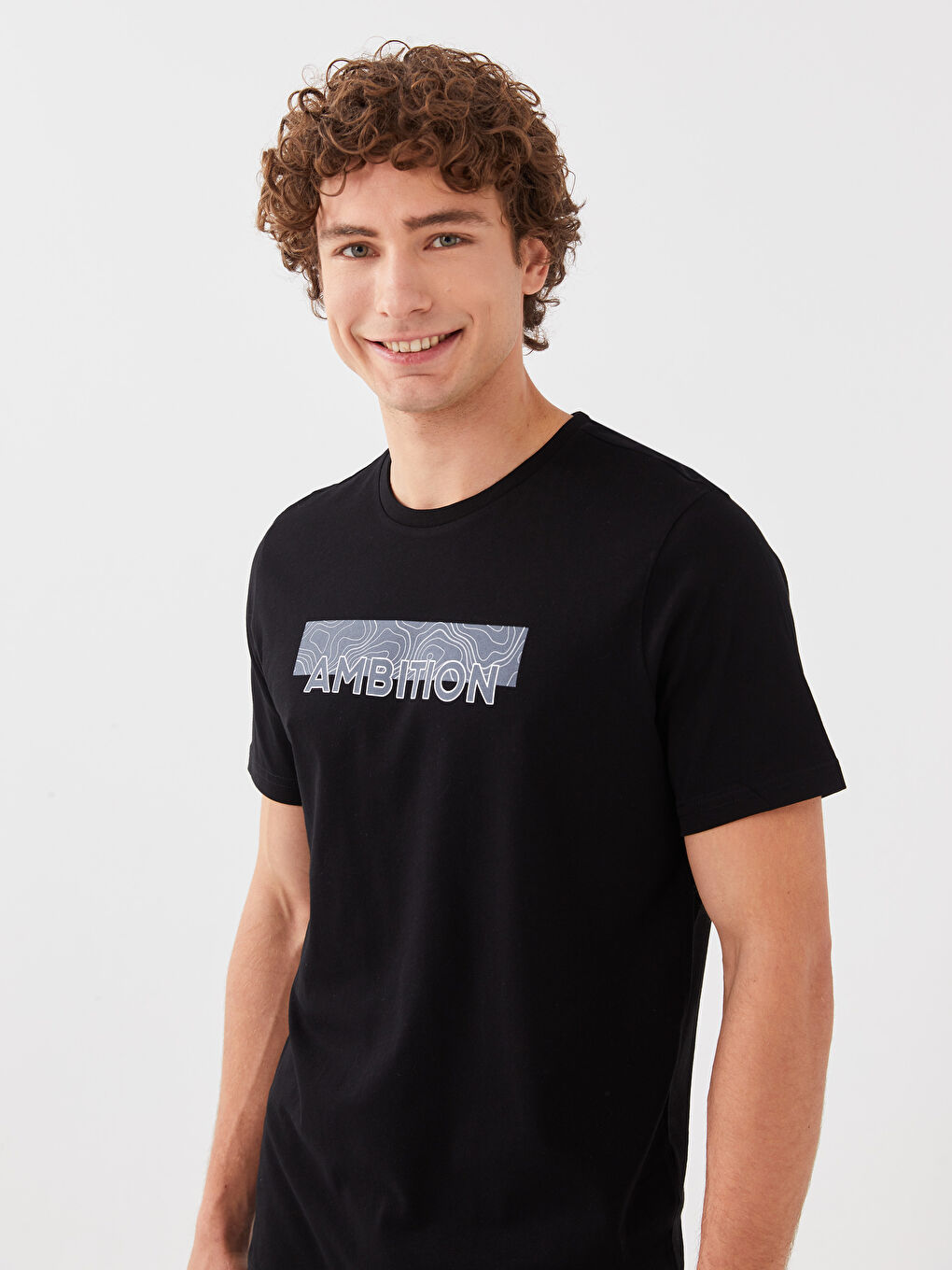 Siyah Bisiklet Yaka Kısa Kollu Baskılı Penye Erkek Tişört