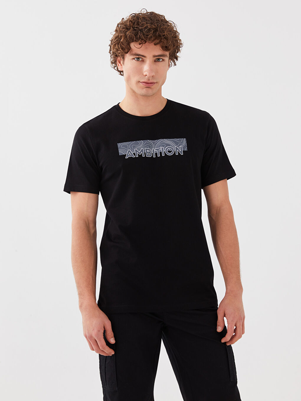 Siyah Bisiklet Yaka Kısa Kollu Baskılı Penye Erkek Tişört-1