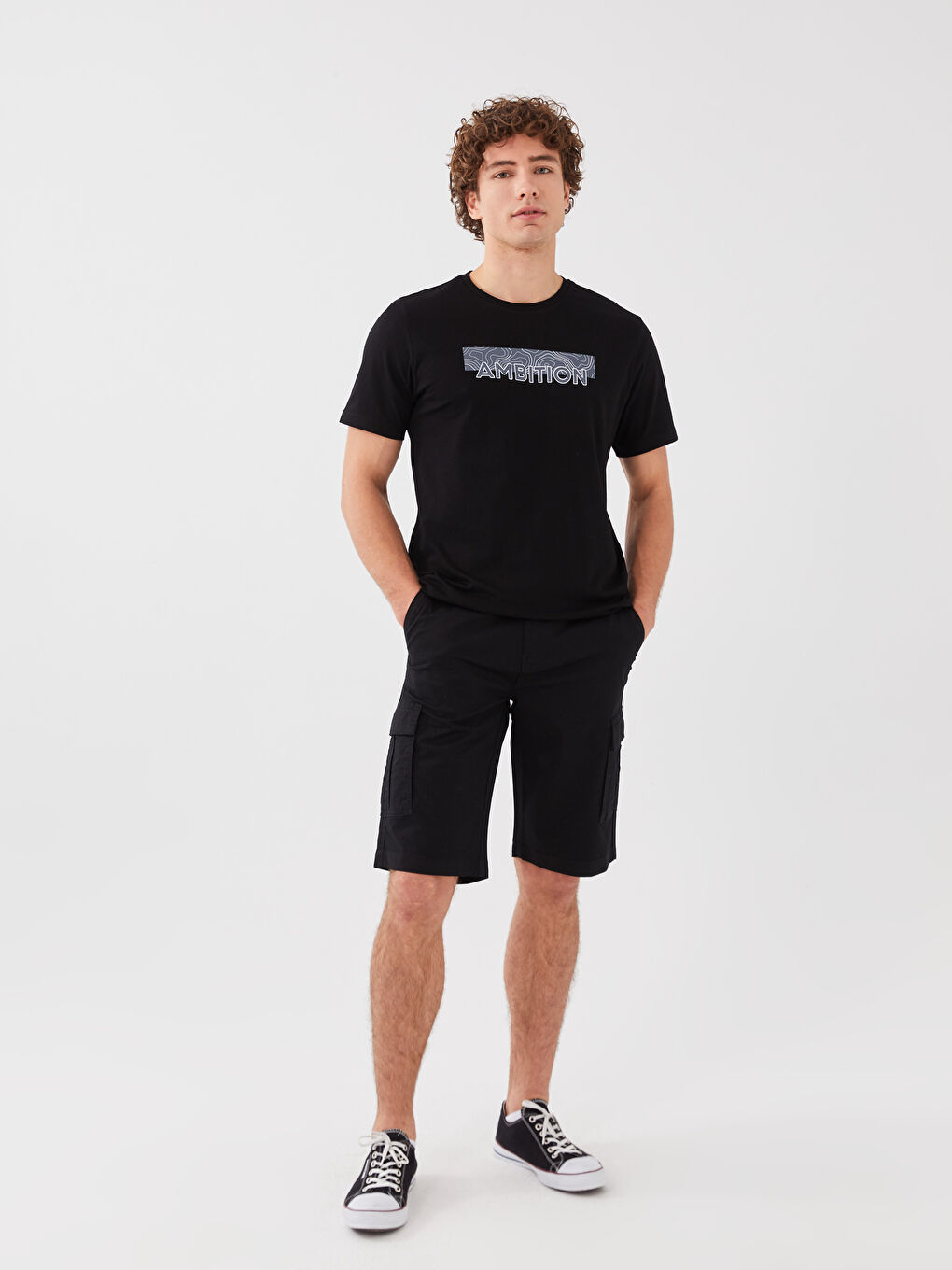 Siyah Bisiklet Yaka Kısa Kollu Baskılı Penye Erkek Tişört-2
