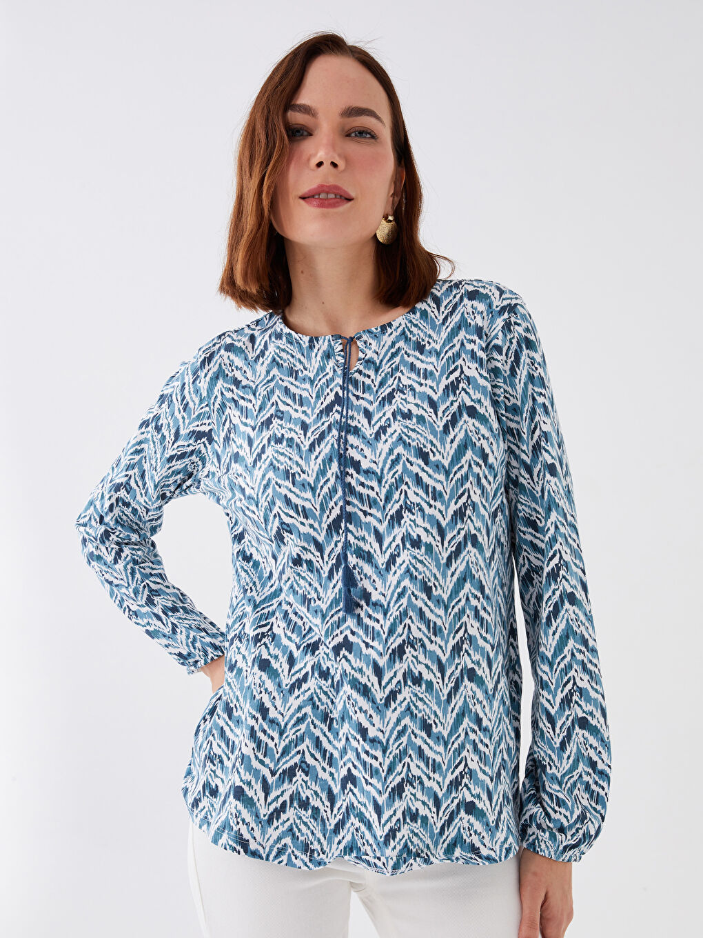Tie Neck Patterned Long Sleeve Women's Blouse