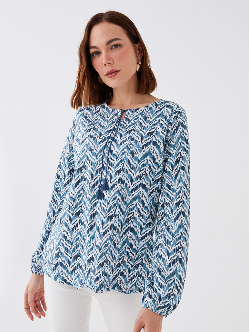 Tie Neck Patterned Long Sleeve Women's Blouse-1