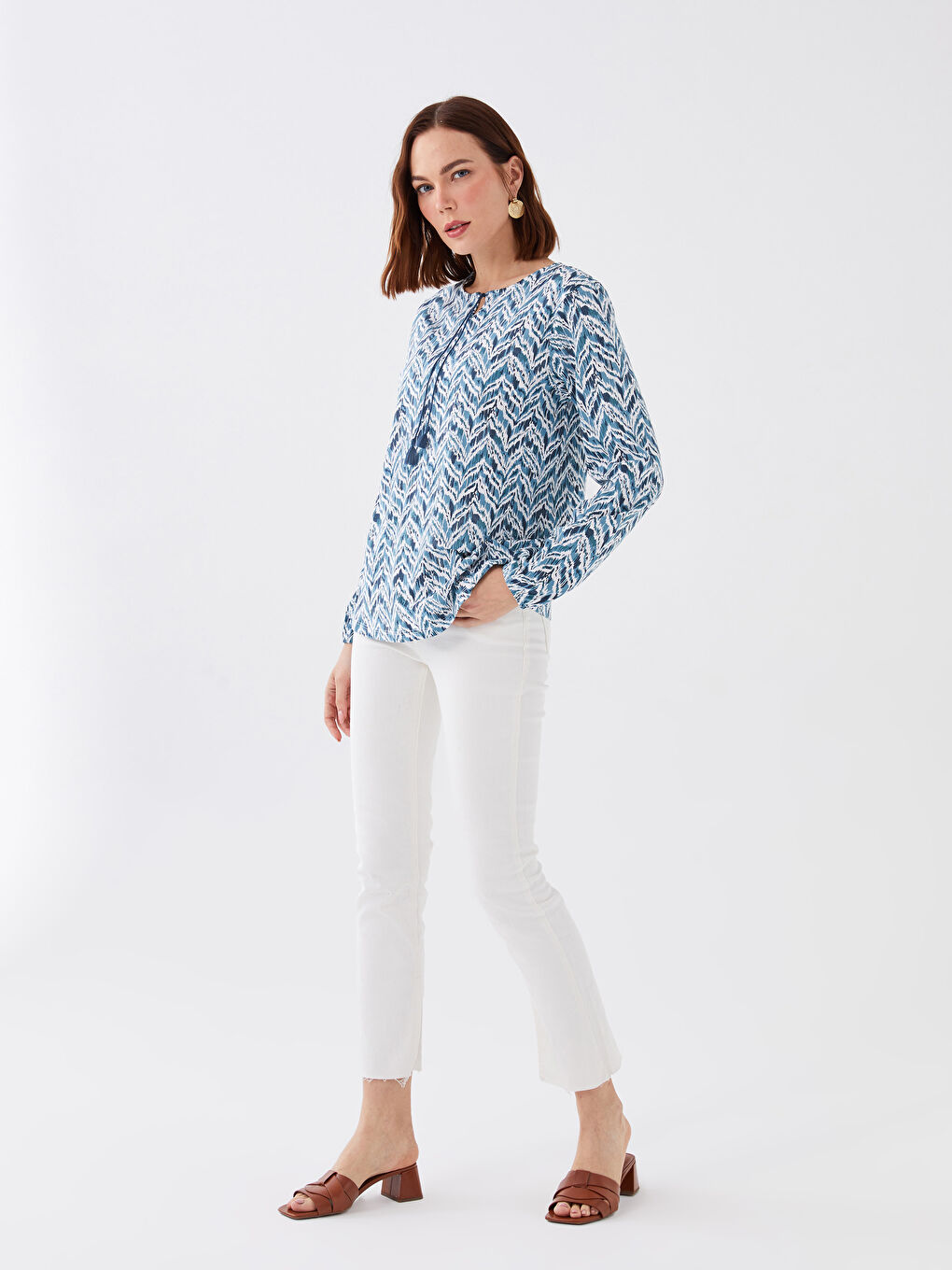 Tie Neck Patterned Long Sleeve Women's Blouse-2