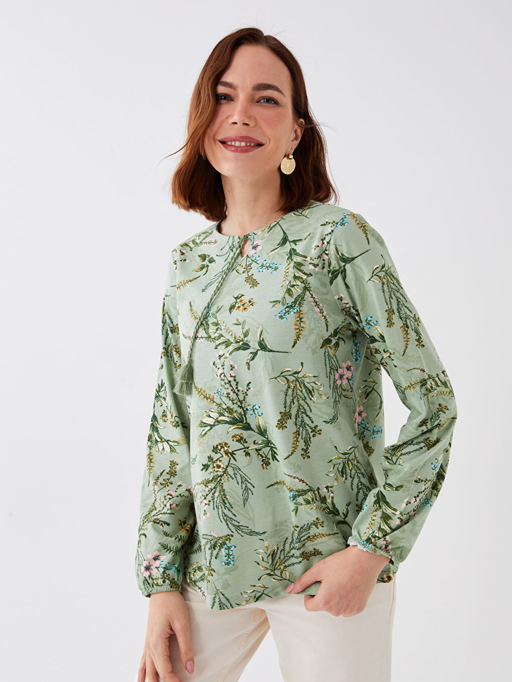 Yeşil Bağlamalı Yaka Desenli Uzun Kollu Kadın Bluz