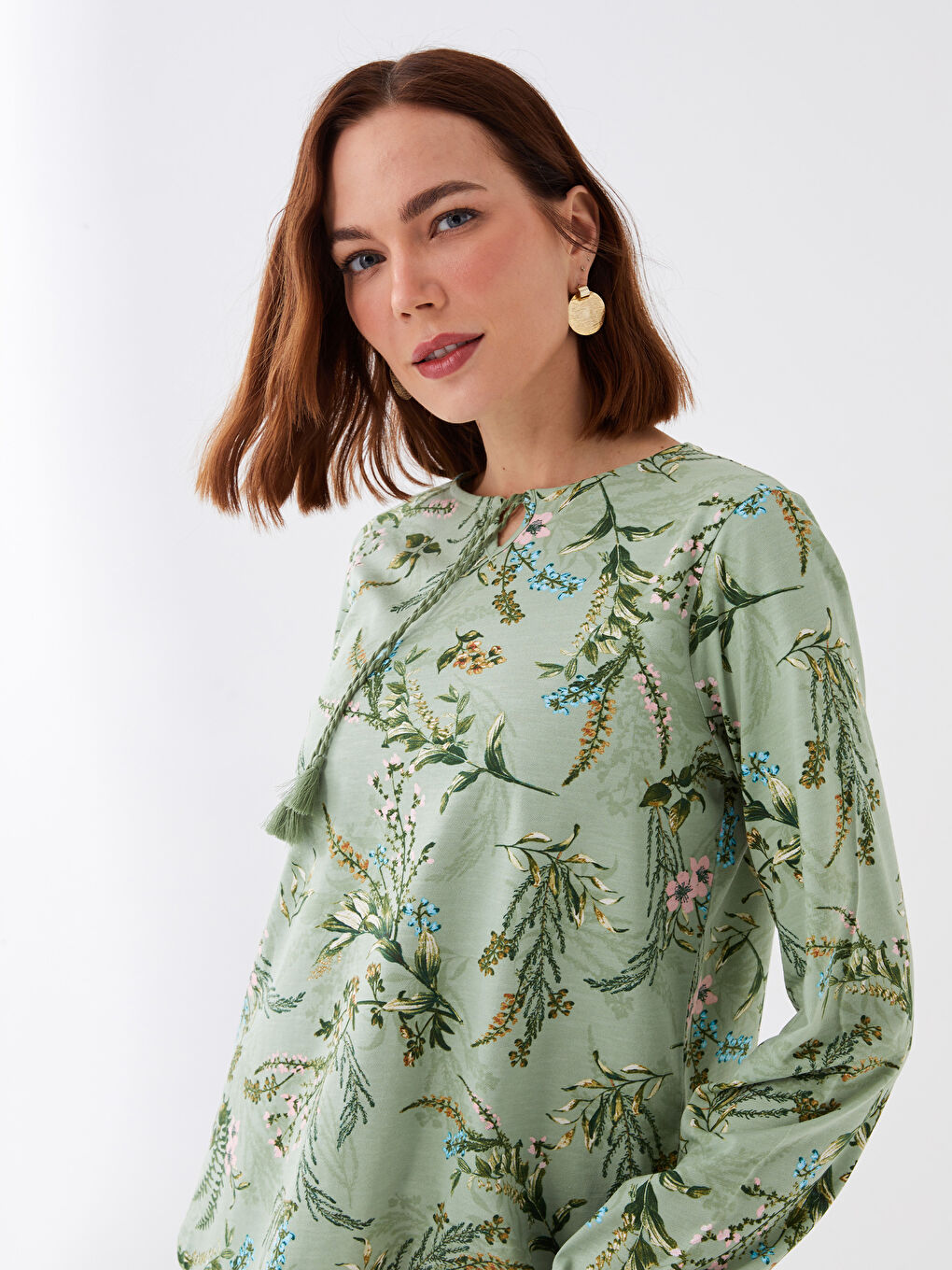 Yeşil Bağlamalı Yaka Desenli Uzun Kollu Kadın Bluz-1