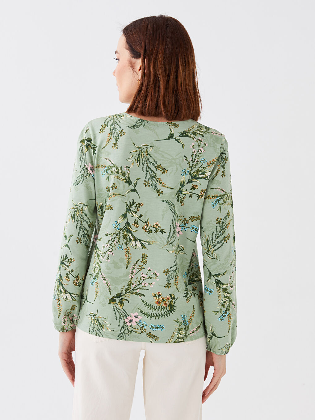 Yeşil Bağlamalı Yaka Desenli Uzun Kollu Kadın Bluz-4