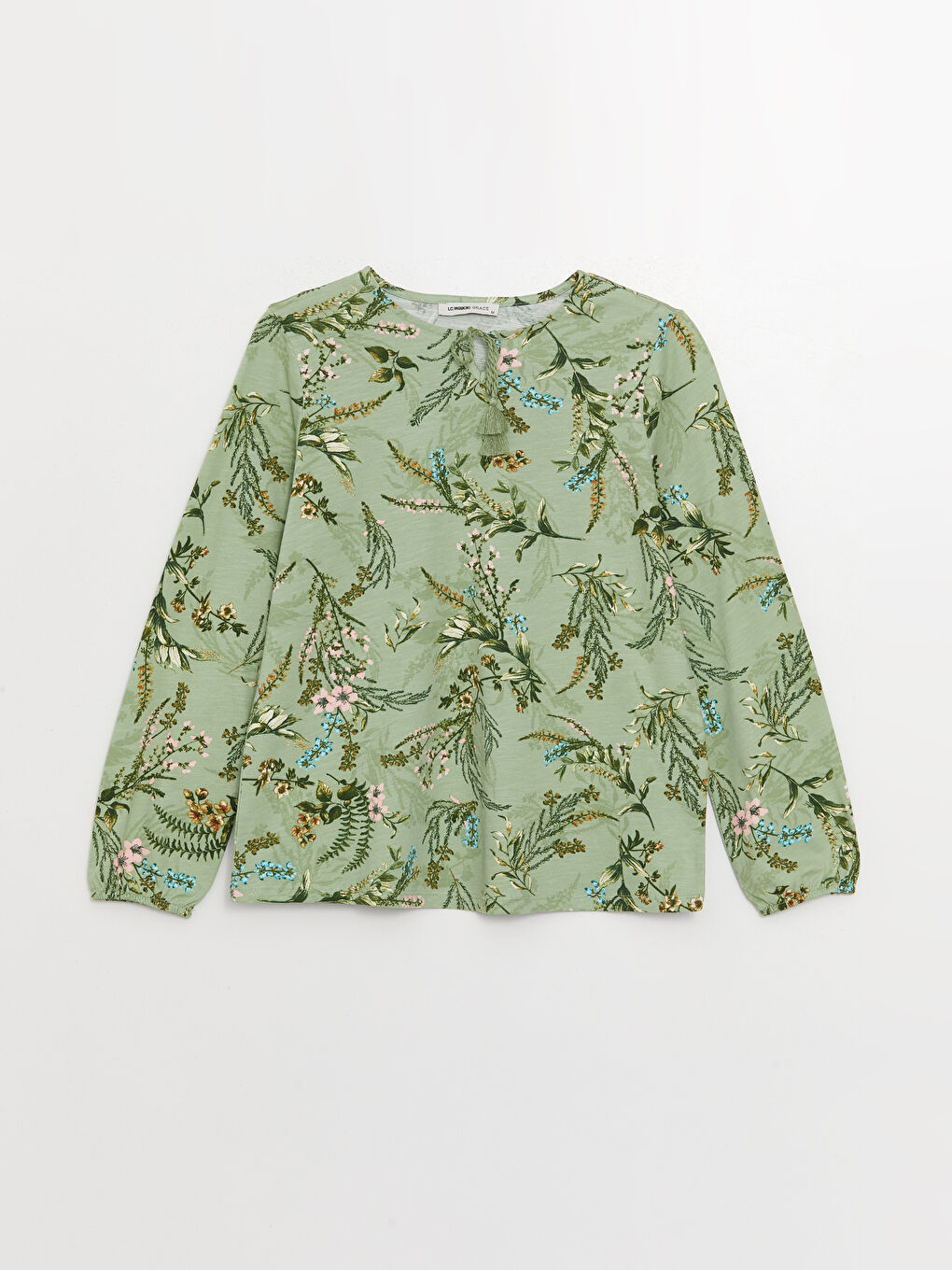 Yeşil Bağlamalı Yaka Desenli Uzun Kollu Kadın Bluz-5