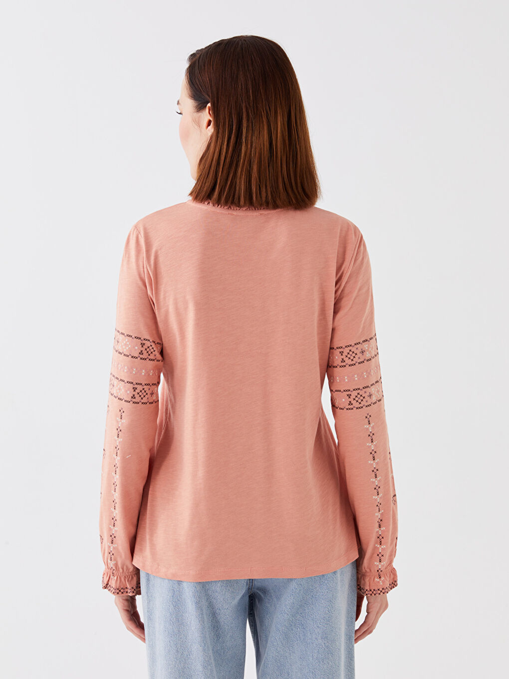 Pembe Bağlamalı Yaka Baskılı Uzun Kollu Kadın Bluz-4