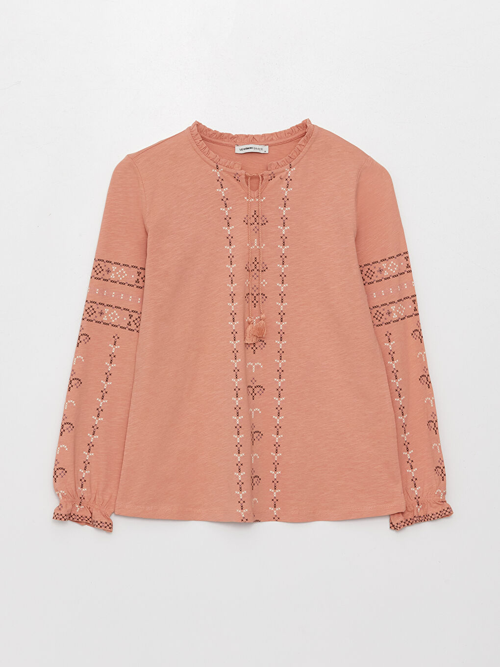 Pembe Bağlamalı Yaka Baskılı Uzun Kollu Kadın Bluz-5