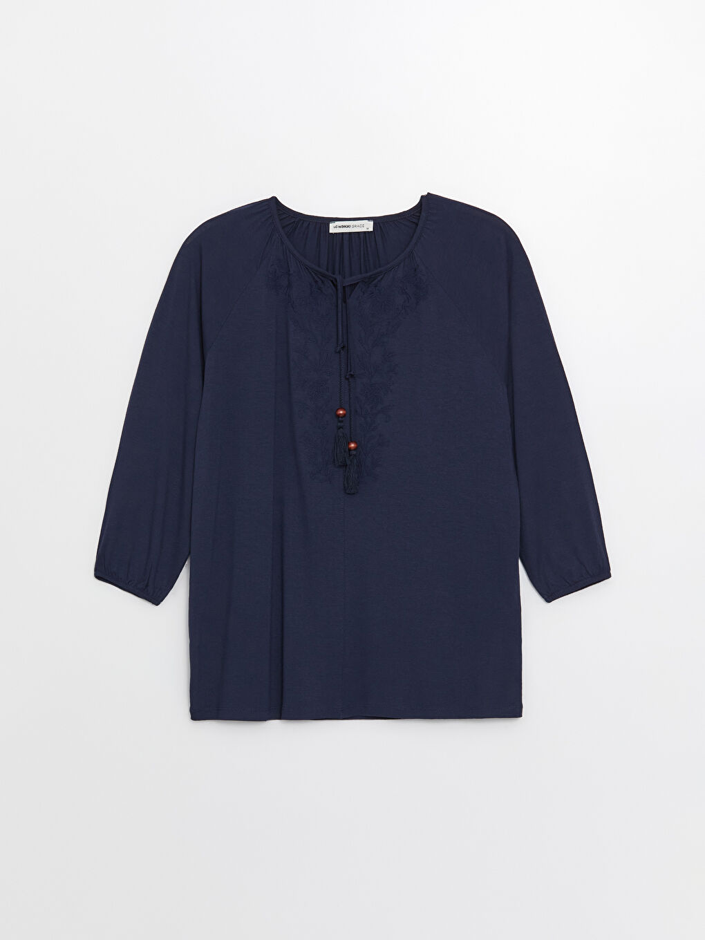 Lacivert Bağlamalı Yaka Nakışlı Kadın Bluz-5