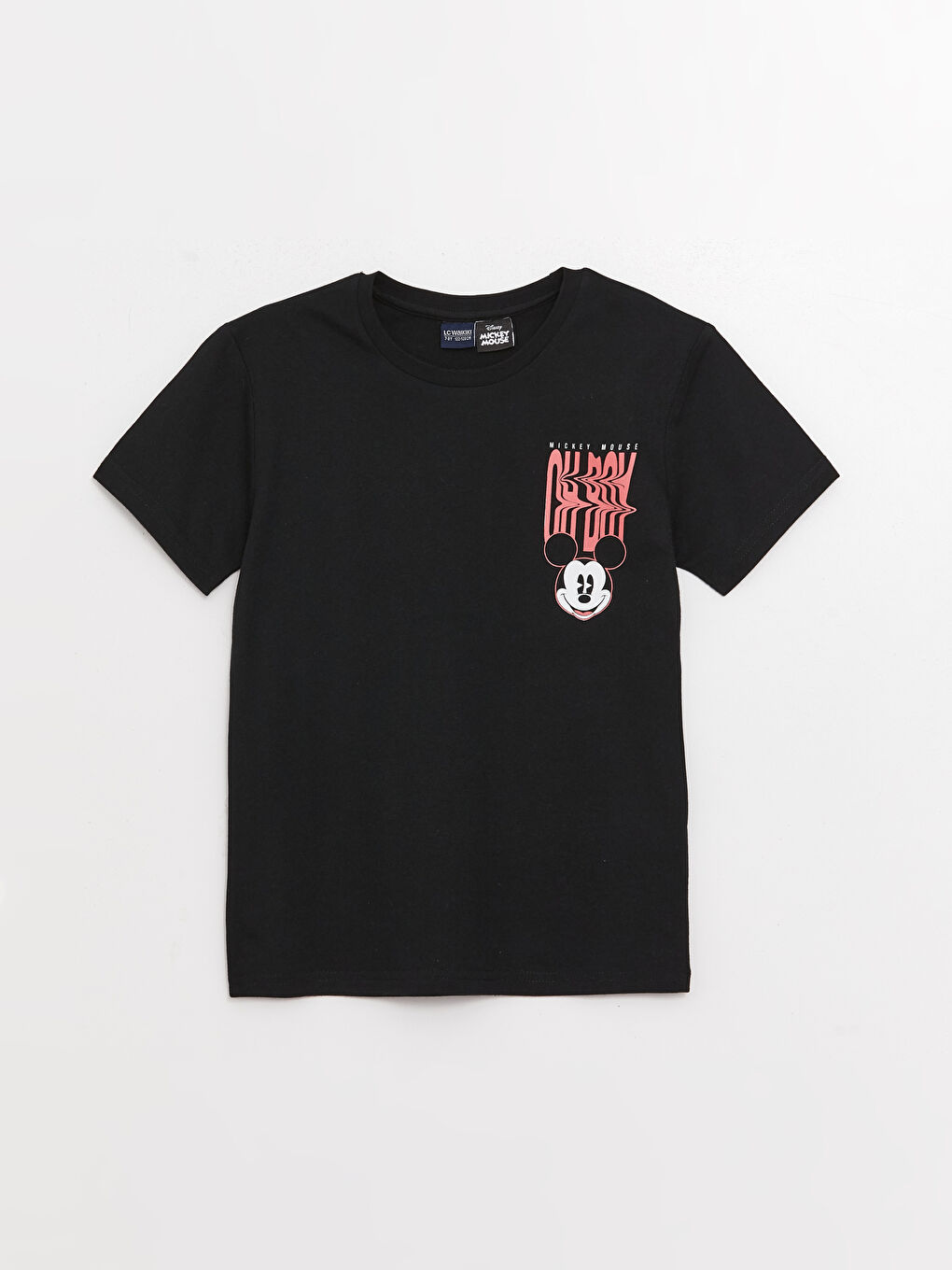 Siyah Bisiklet Yaka Mickey Mouse Baskılı Kısa Kollu Erkek Çocuk Tişört