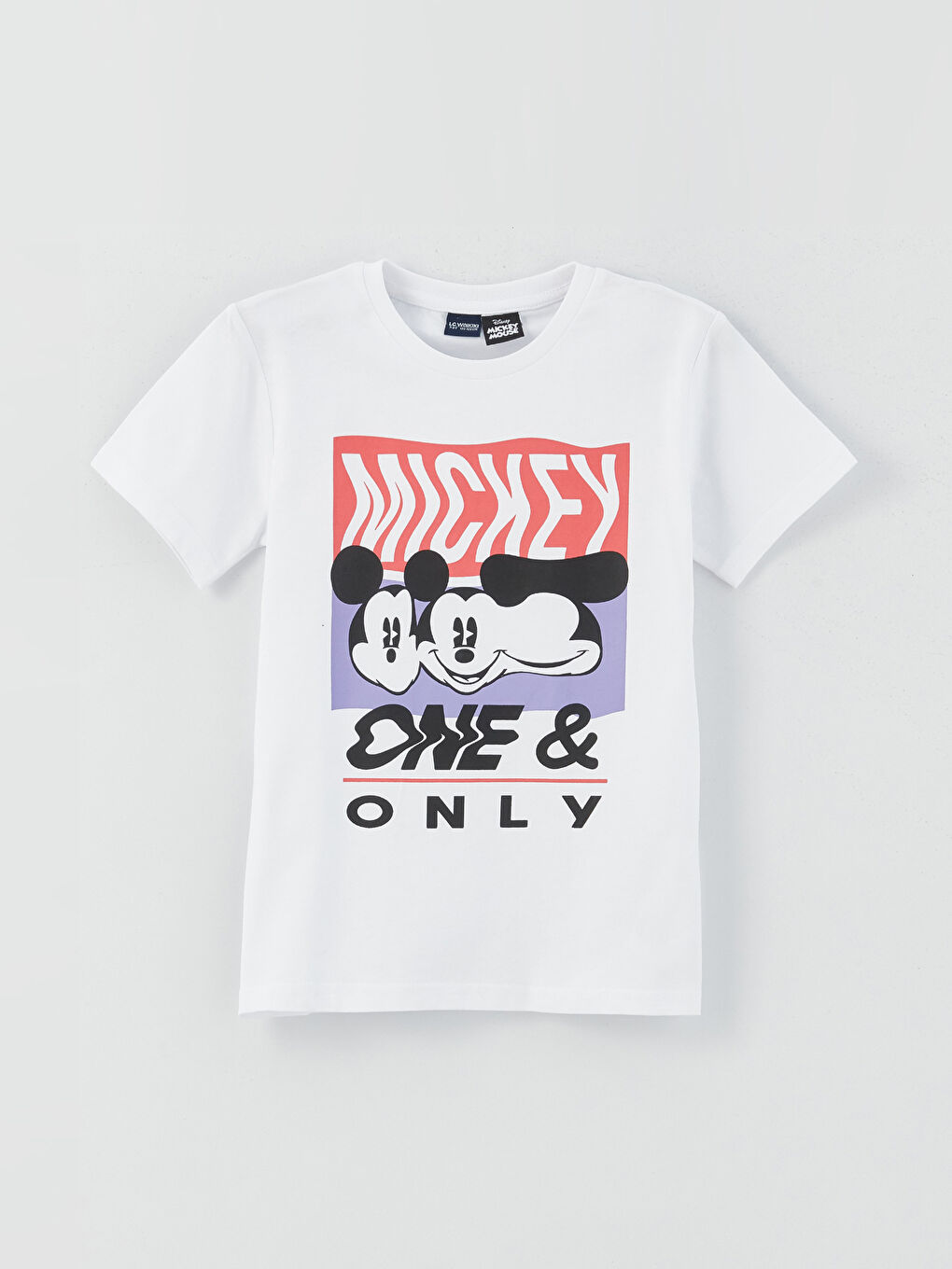 Beyaz Bisiklet Yaka Mickey Mouse Baskılı Kısa Kollu Erkek Çocuk Tişört