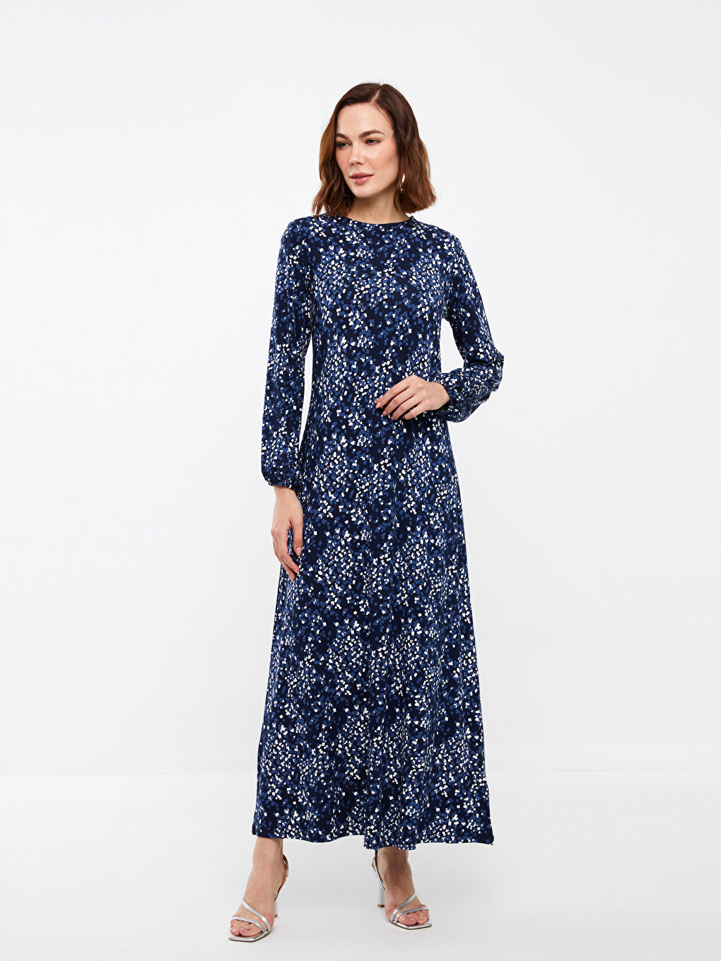 Lacivert Bisiklet Yaka Desenli Uzun Kollu Kadın Elbise