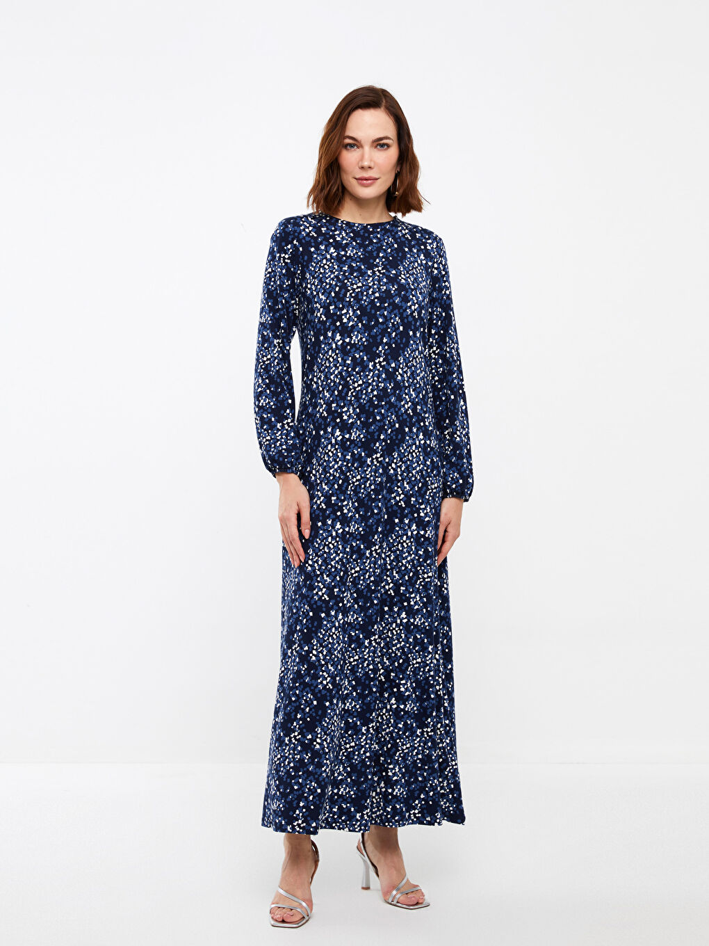 Lacivert Bisiklet Yaka Desenli Uzun Kollu Kadın Elbise-1