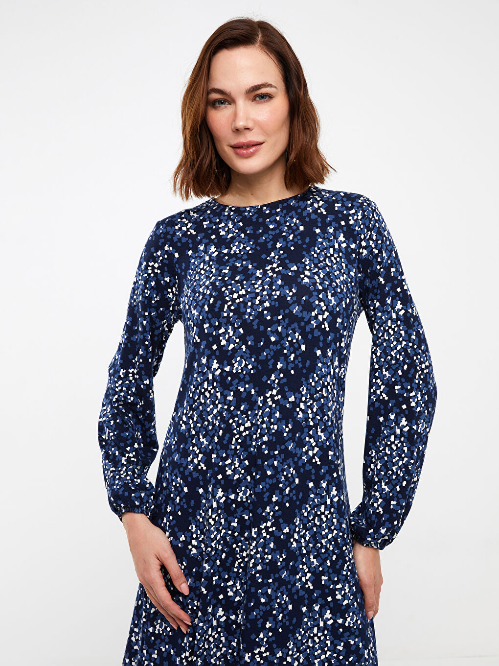 Lacivert Bisiklet Yaka Desenli Uzun Kollu Kadın Elbise-2