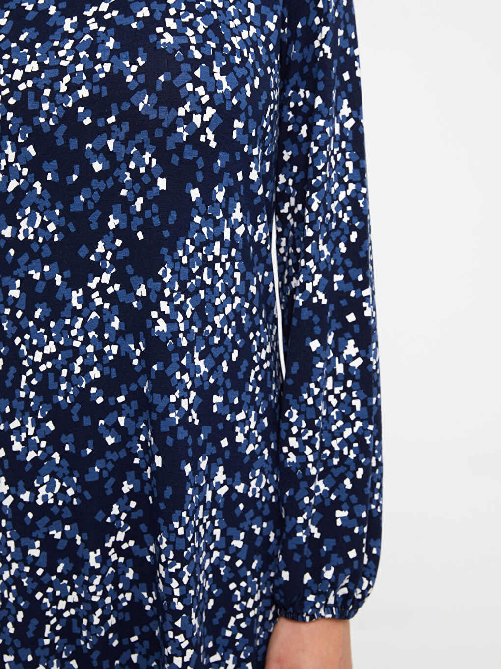 Lacivert Bisiklet Yaka Desenli Uzun Kollu Kadın Elbise-3