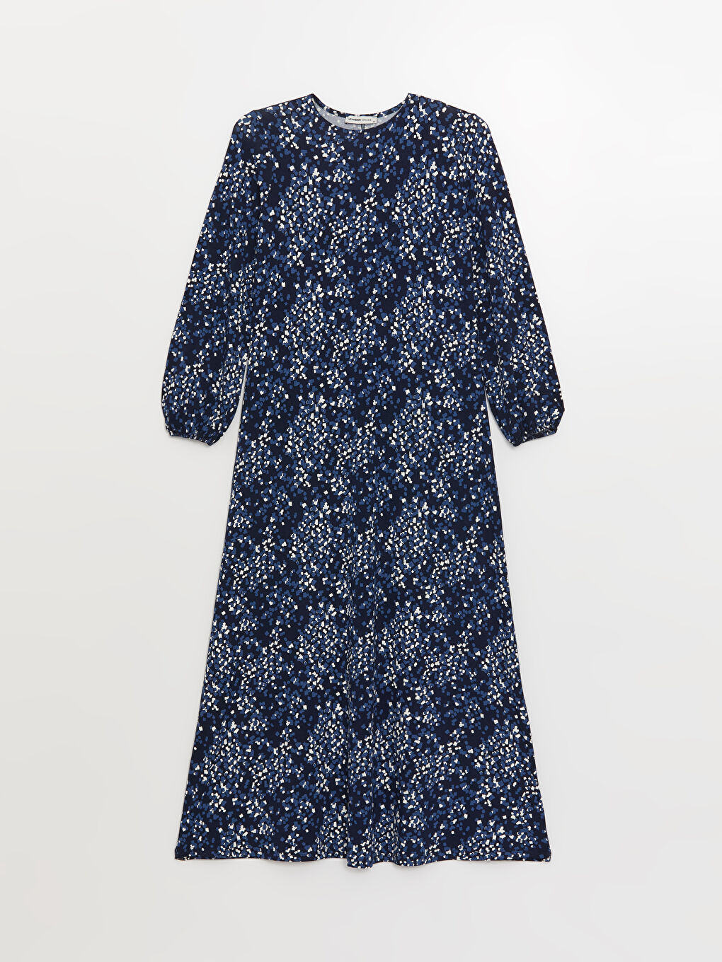 Lacivert Bisiklet Yaka Desenli Uzun Kollu Kadın Elbise-5