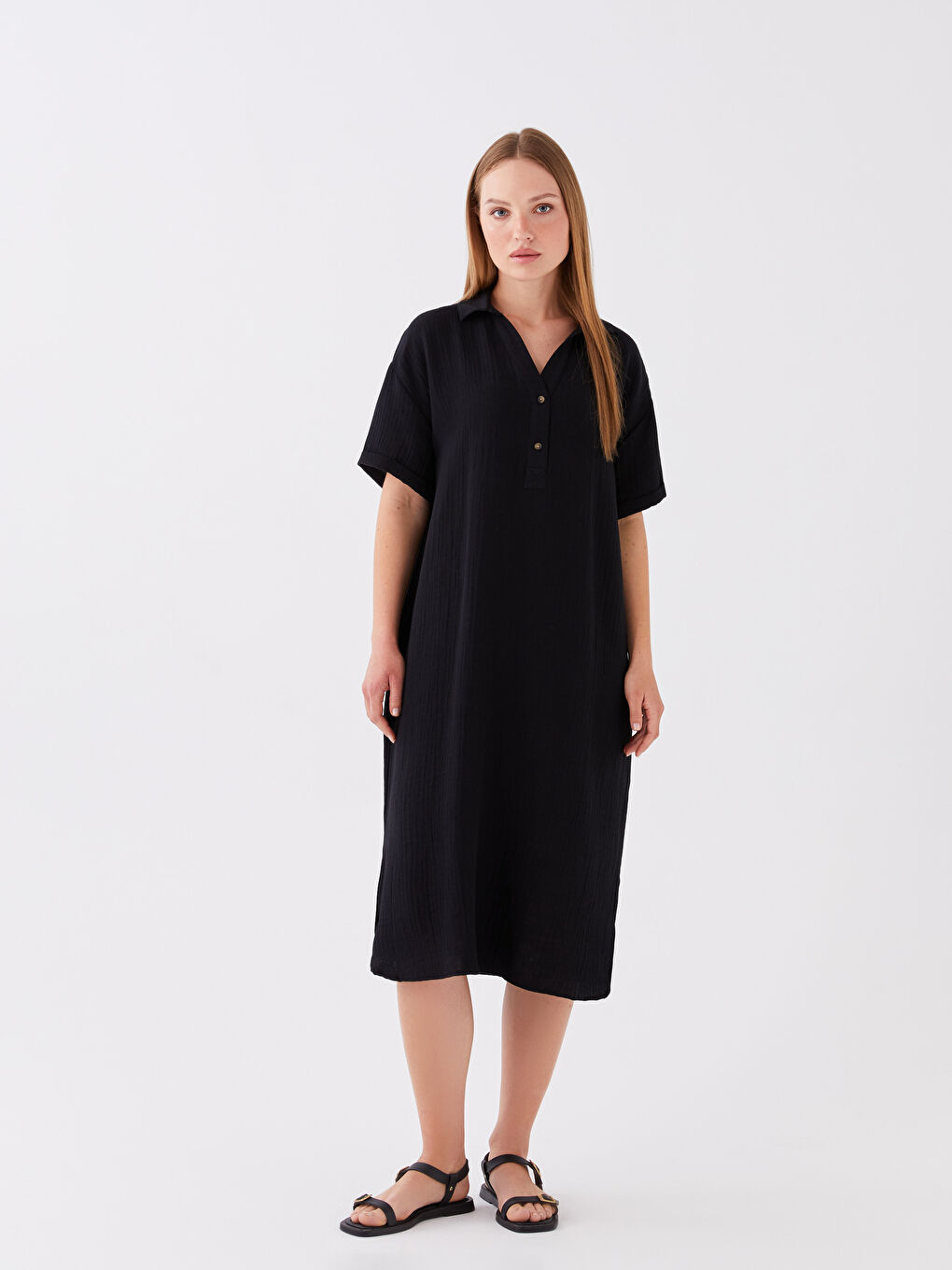 Siyah Gömlek Yaka Düz Kısa Kollu Müslin Kadın Elbise-2