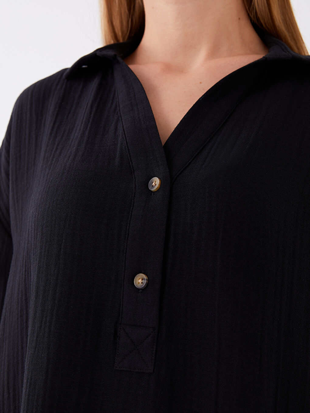 Siyah Gömlek Yaka Düz Kısa Kollu Müslin Kadın Elbise-3