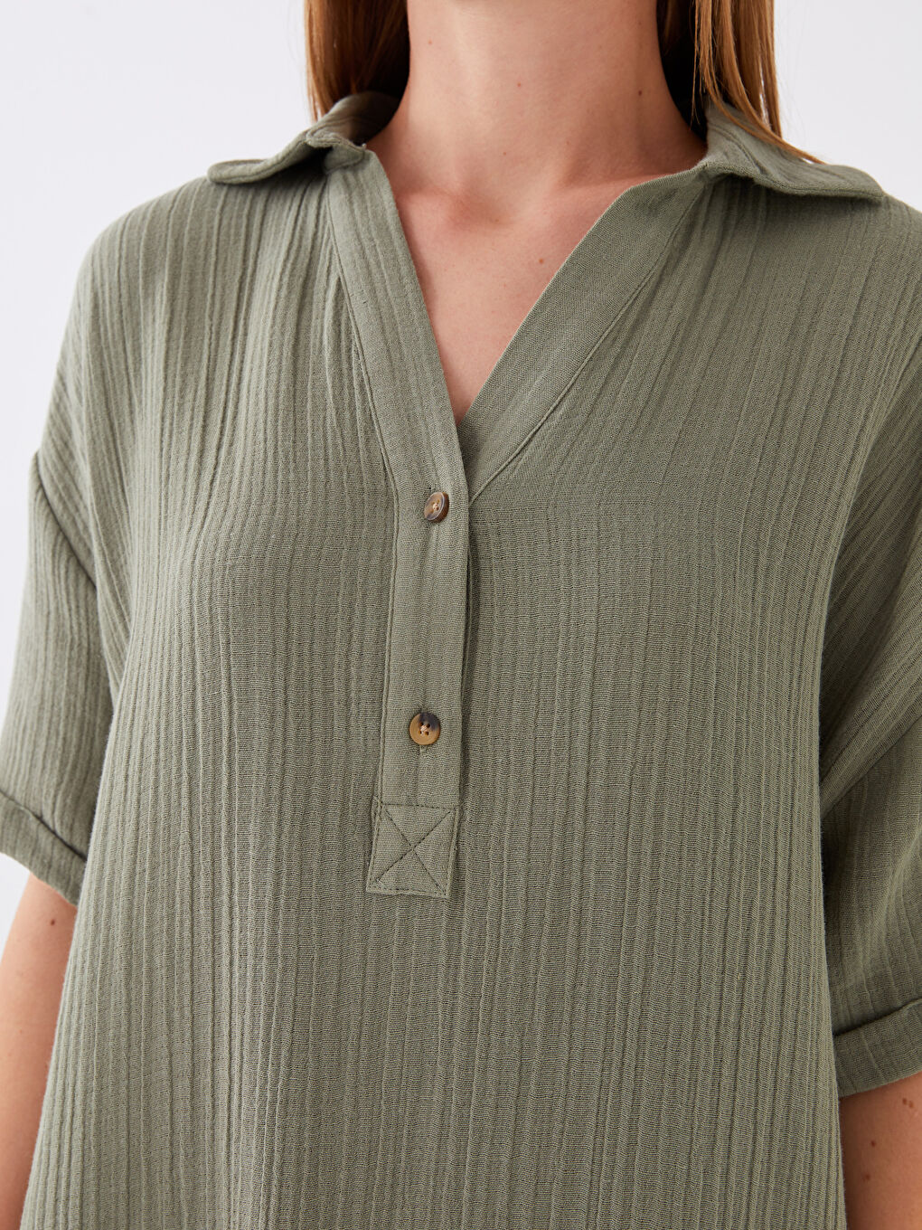 Yeşil Gömlek Yaka Düz Kısa Kollu Müslin Kadın Elbise-2