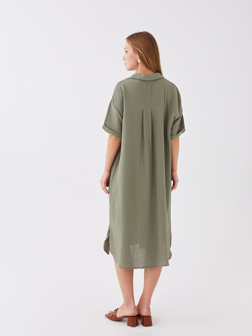 Yeşil Gömlek Yaka Düz Kısa Kollu Müslin Kadın Elbise-3