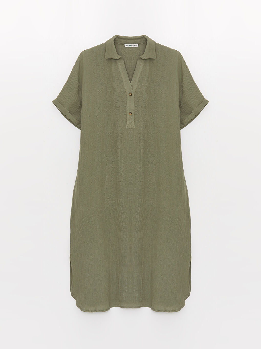 Yeşil Gömlek Yaka Düz Kısa Kollu Müslin Kadın Elbise-4