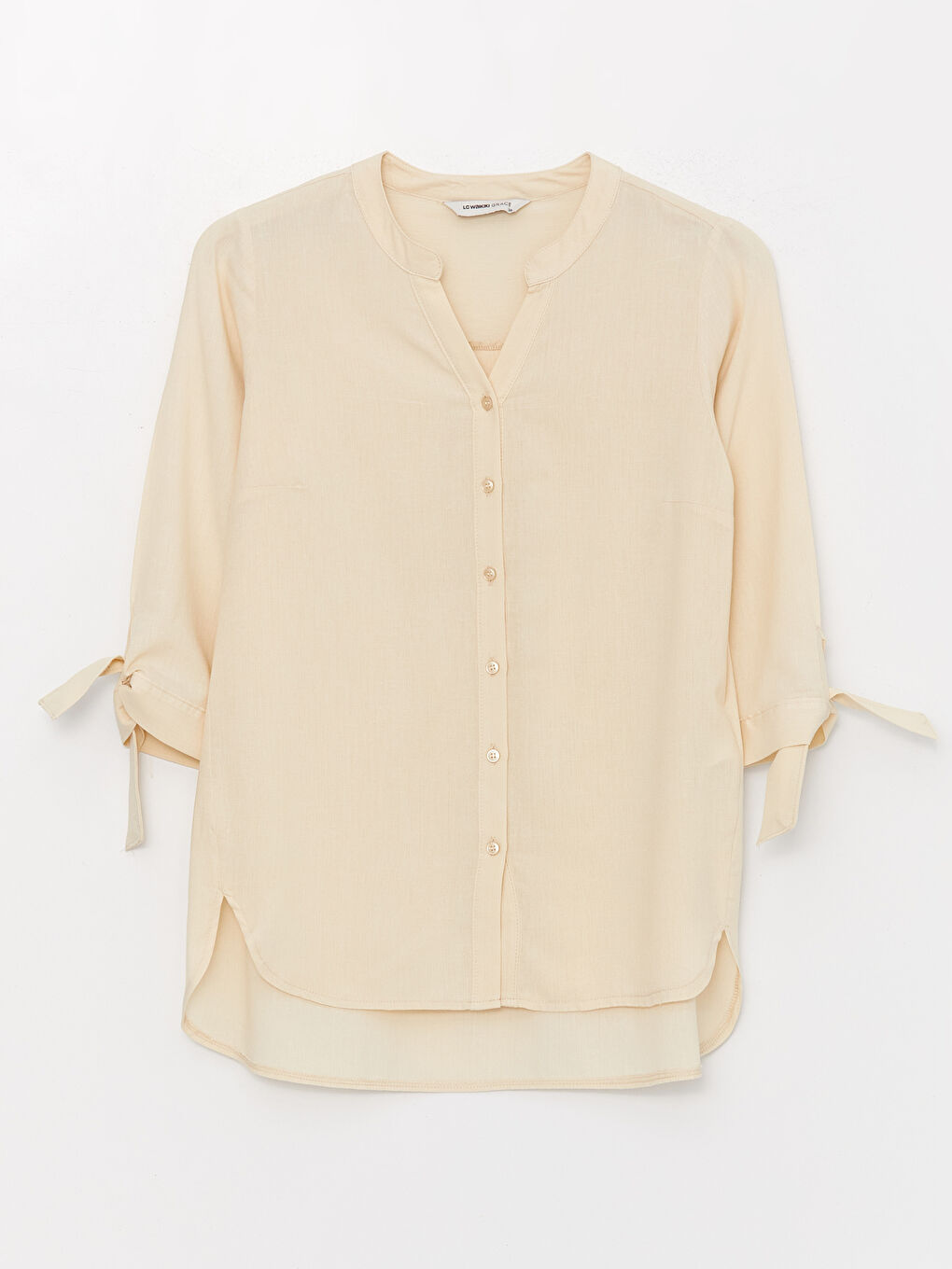 Bej Kaçık Yaka Düz Keten Karışımlı Kadın Bluz-5