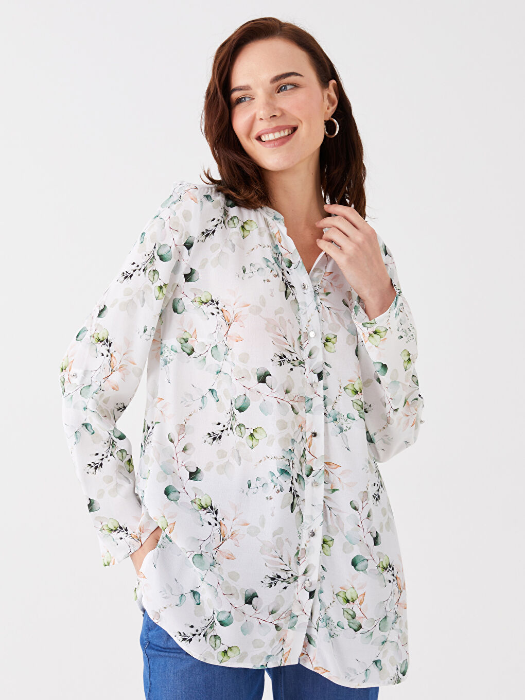 Notch Neck Floral Long Sleeve Women's Tunic