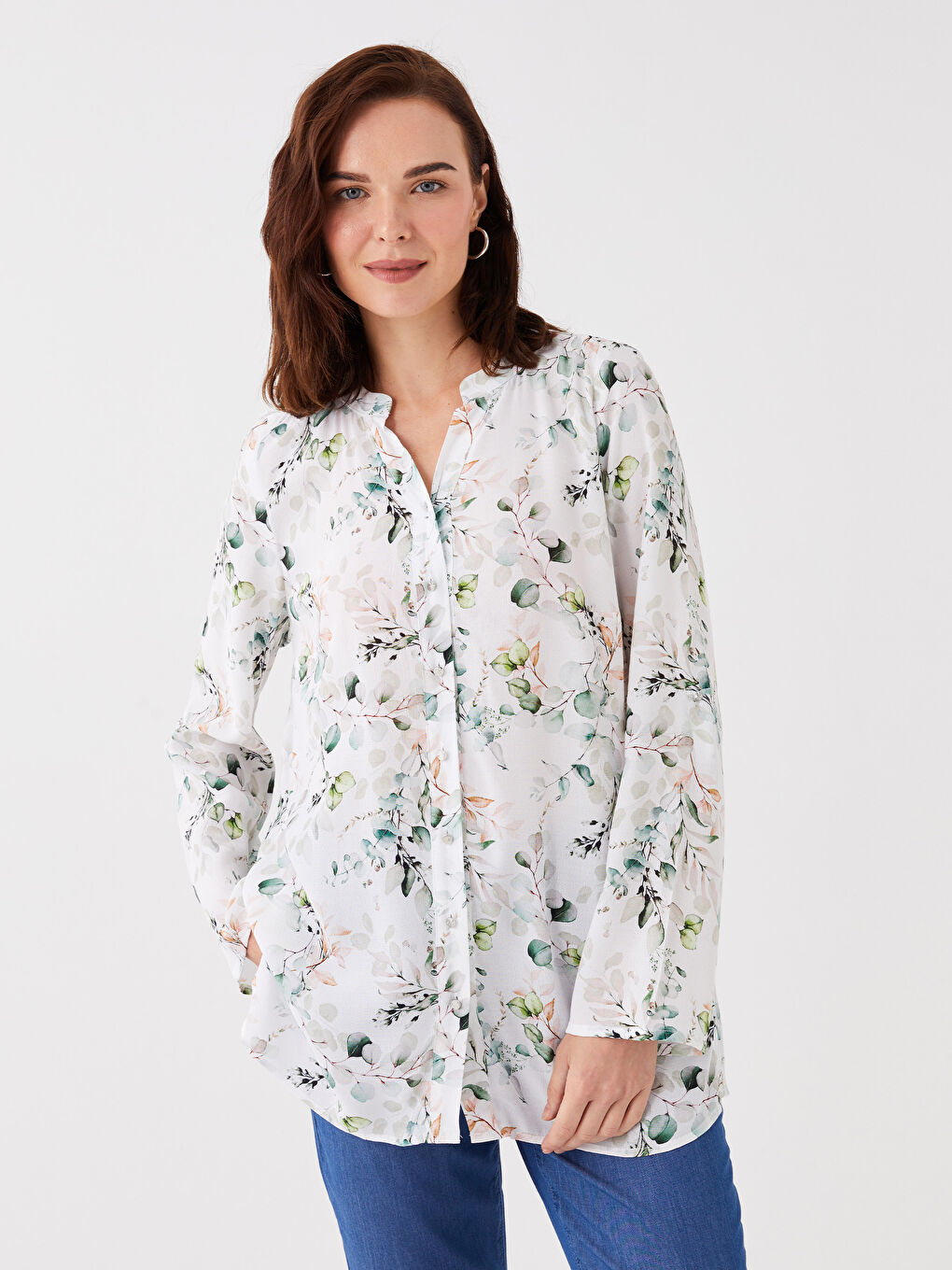 Notch Neck Floral Long Sleeve Women's Tunic-1