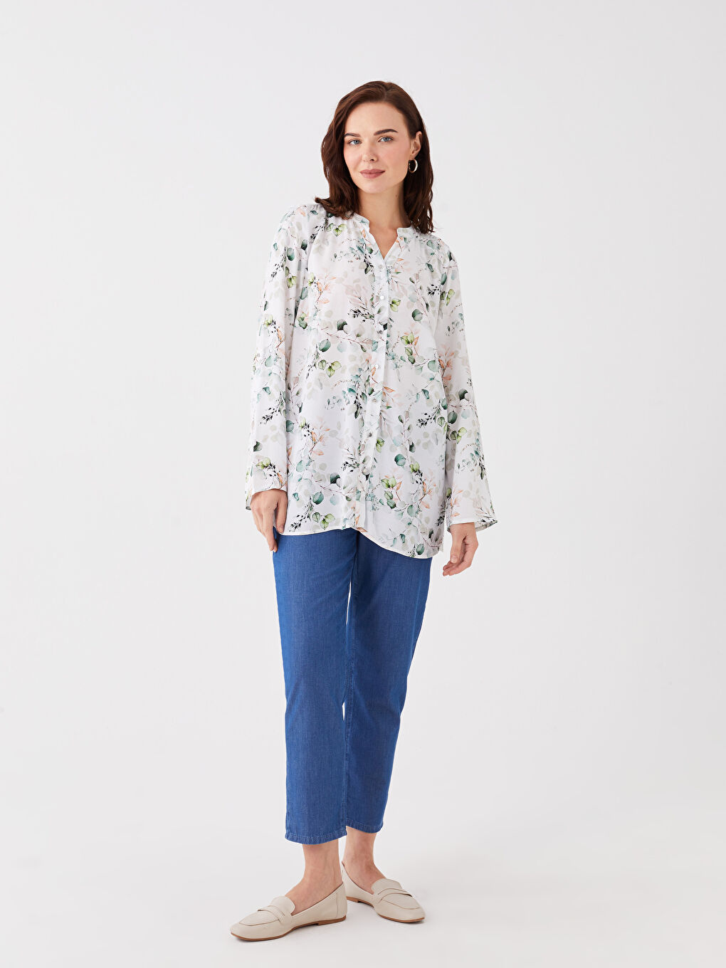 Notch Neck Floral Long Sleeve Women's Tunic-2