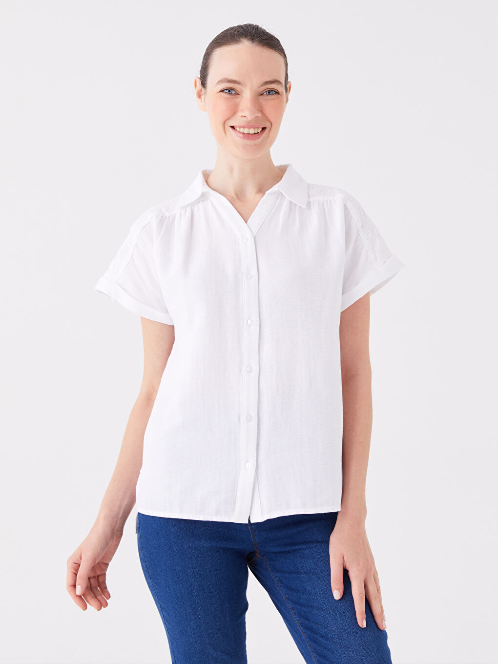Shirt Collar Straight Short Sleeve Women's Blouse